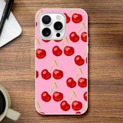 Pink Cherry iPhone Case (13-16) with cherry-print, slim matte shell and shock-absorbing protection.