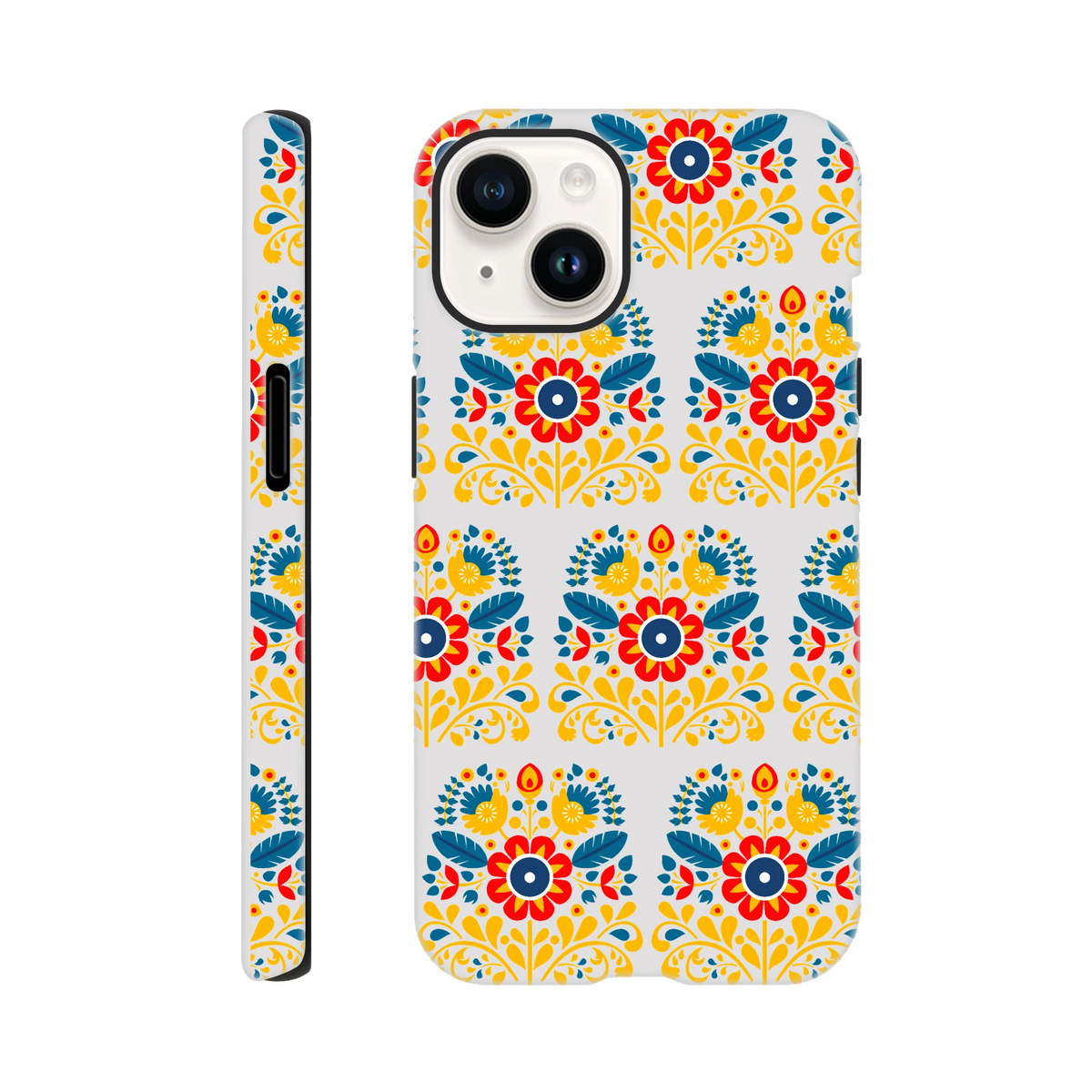 Floral wraparound case for iPhone 16–13; dual-layer protective glossy cover with yellow, blue and red blossoms.