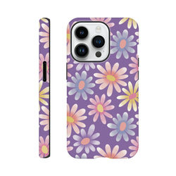 Purple retro floral iPhone case featuring pastel daisies. Shock-absorbing TPU tough cover for iPhone 13-16.