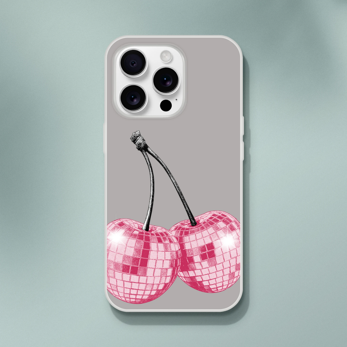 Y2K Glitter Cherries iPhone Case (13-16) retro aesthetic with glittery cherry illustration.