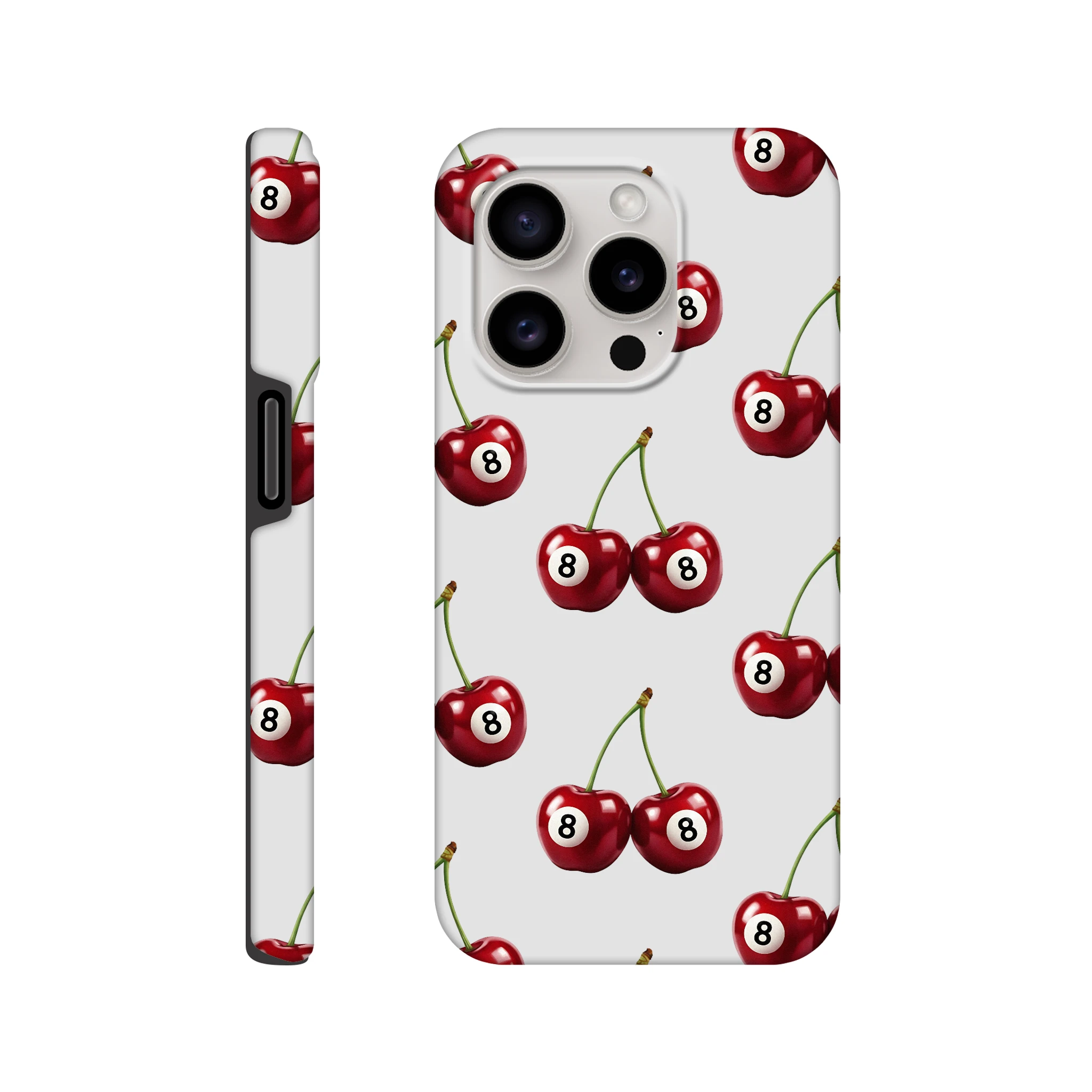 Lucky Cherries iPhone case with dual-layer protection, glossy wraparound cherry pattern and 8-ball motif.