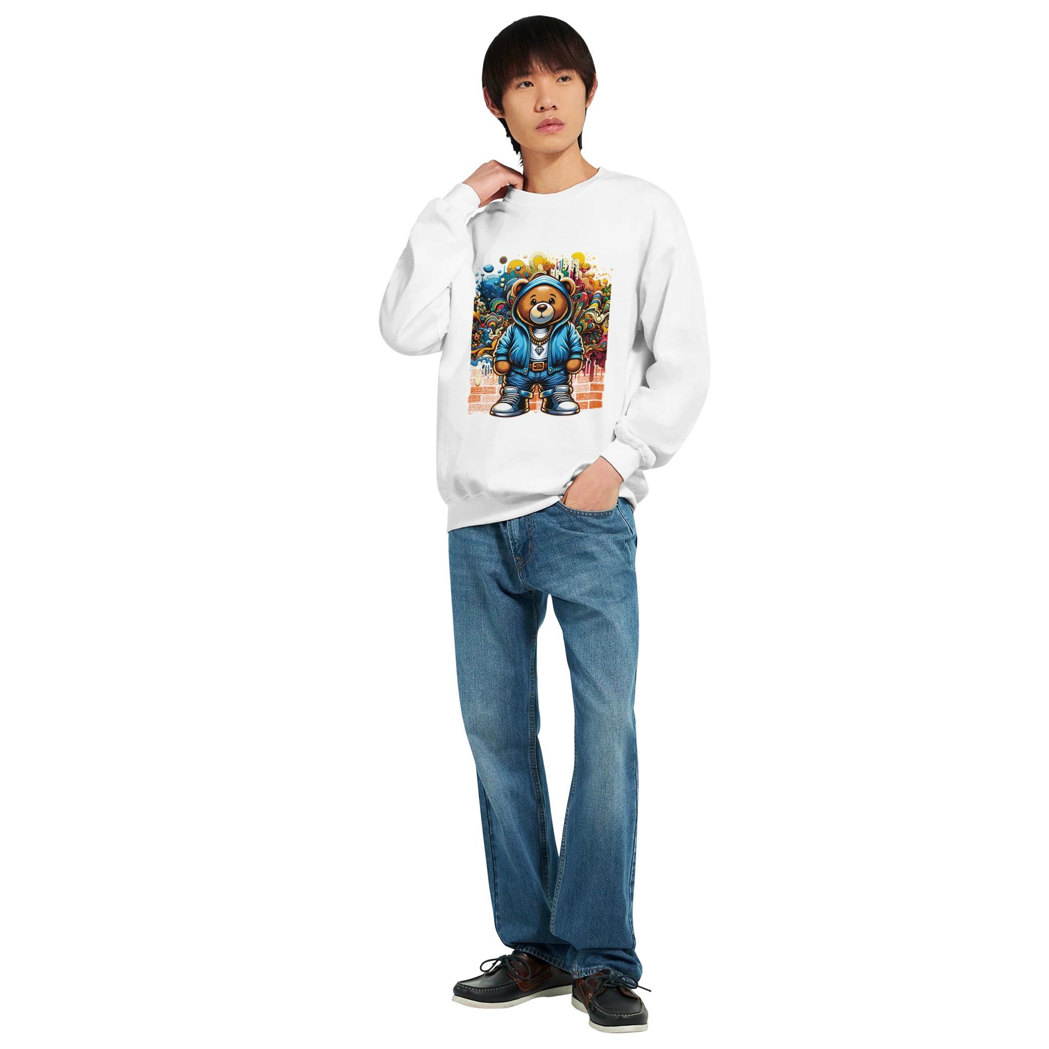 White Urban Teddy Bear men's graphic sweatshirt, 50/50 cotton-poly blend, available in sizes S-XL.