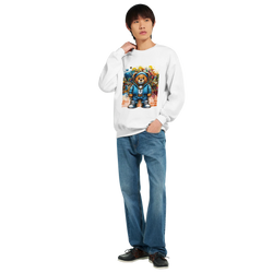 White Urban Teddy Bear men's graphic sweatshirt, 50/50 cotton-poly blend, available in sizes S-XL.