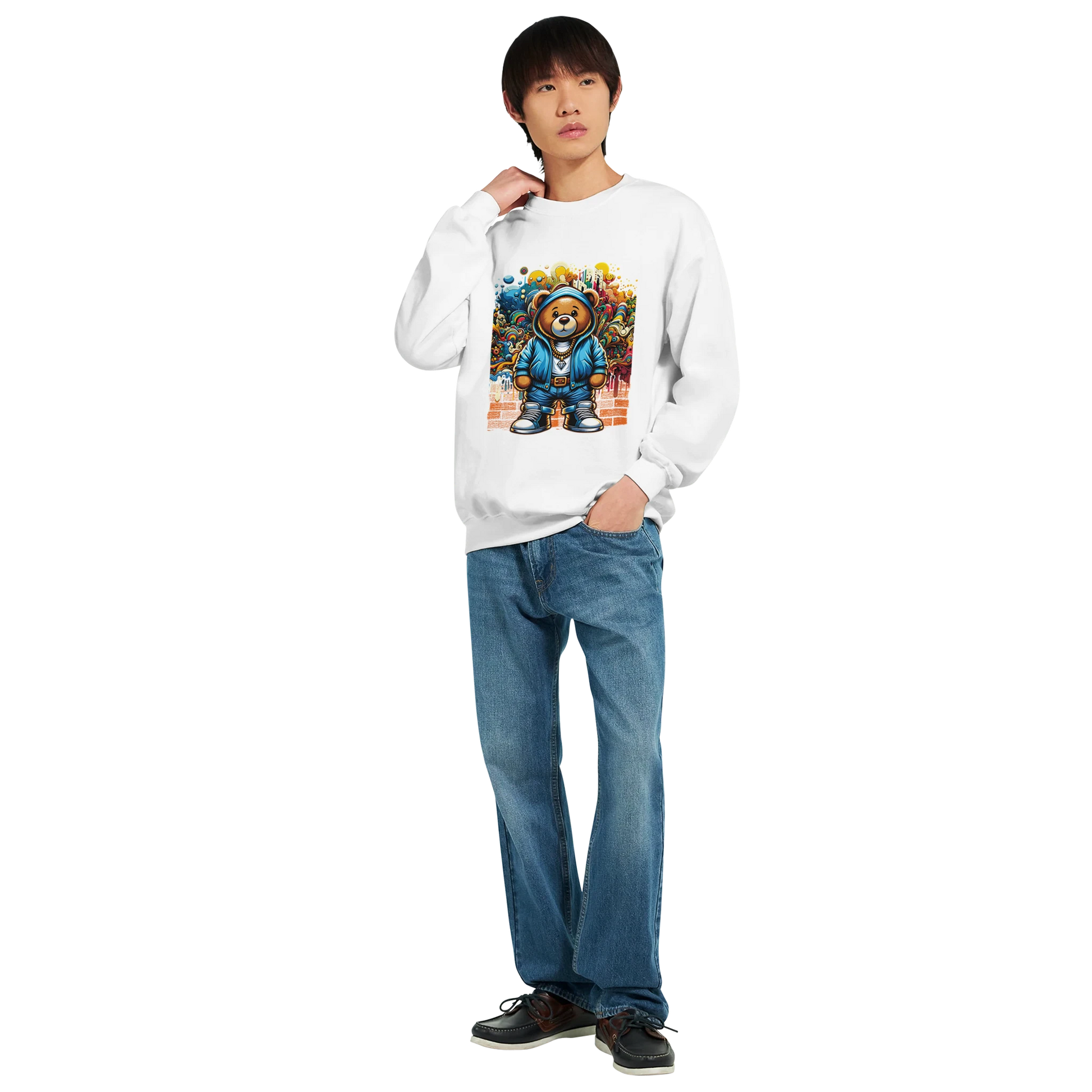 Person wearing a white men's graphic sweatshirt with a colorful graphic design on a white background