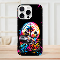 Vibrant iPhone case featuring a slammed silver car, rainbow palm trees, and colorful Static lettering against a black background.