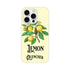 Lemon branch illustration on pale yellow iPhone case with Lemon Quencher typography, slim protective cover.