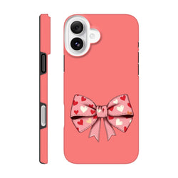 Coral pink tough iPhone case featuring a large bow patterned with red and white hearts for a cute coquette aesthetic.