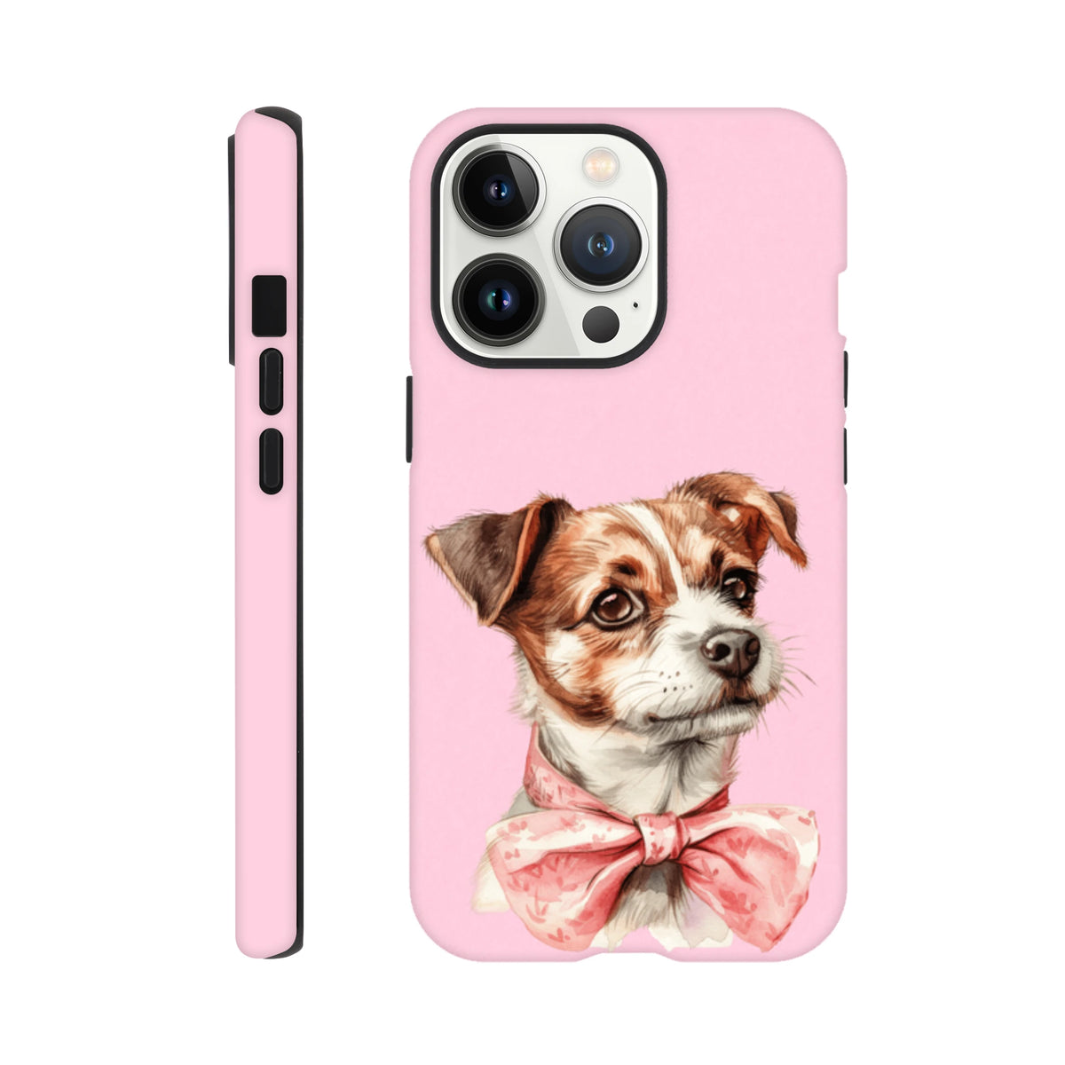 Pink puppy tough iPhone case featuring a cute dog illustration wearing a floral bow tie on shock-absorbent flex material.