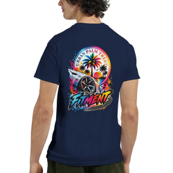 Navy blue men's graphic tee featuring a colorful modified car graphic with palm trees and "Fitment" text on the back.