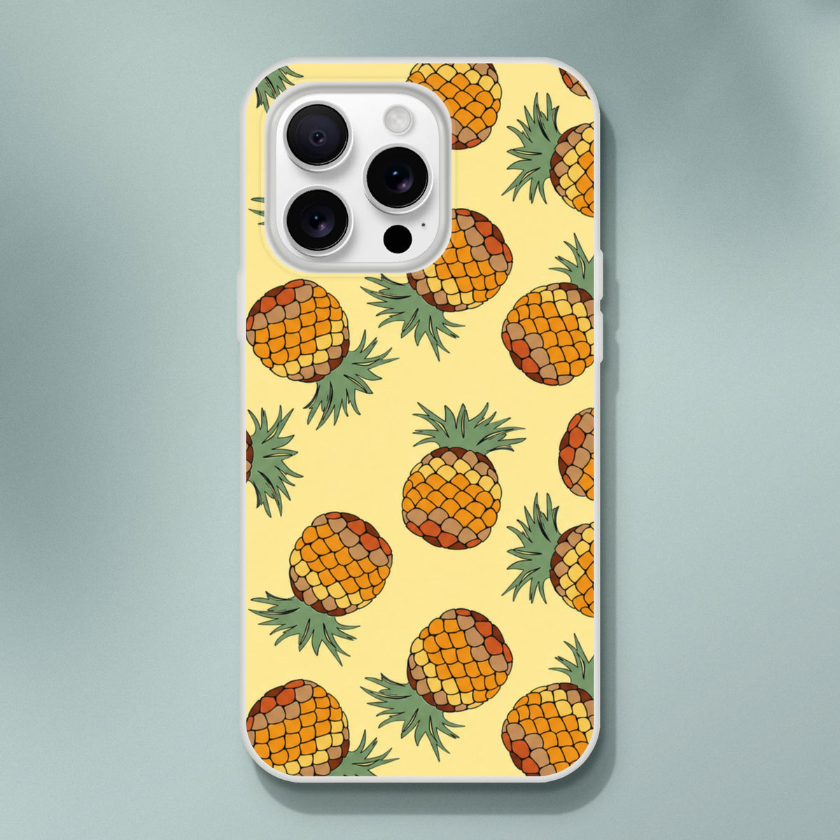 Cute pineapple-pattern iPhone case for iPhone 13-16, yellow tropical print with a slim matte finish.