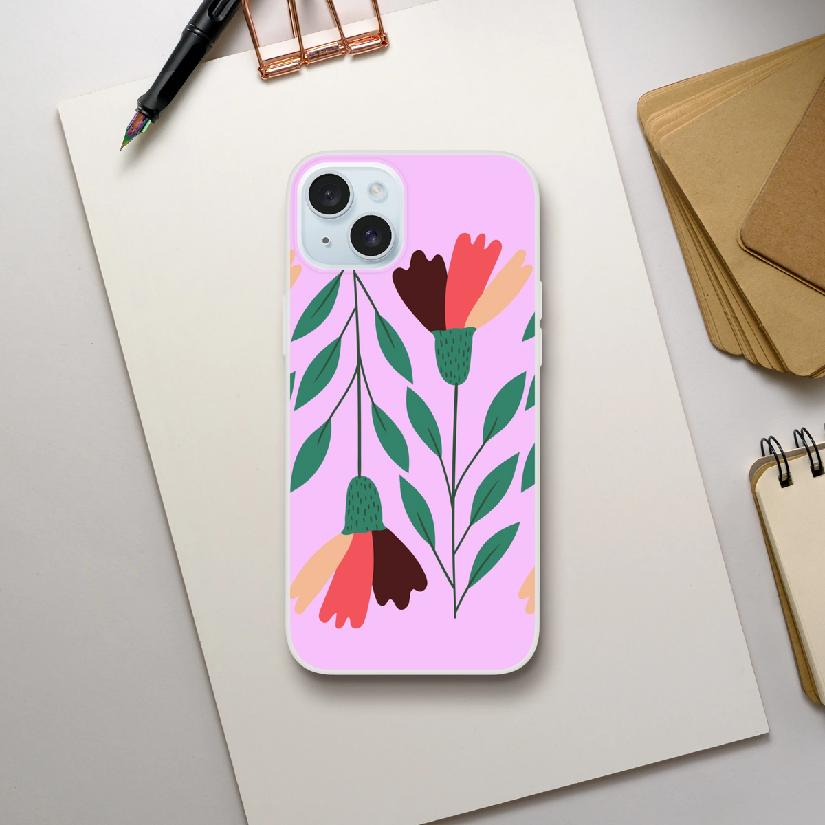 Cute floral iPhone case with pastel pink background and green leaves, vintage aesthetic for iPhone 13-16