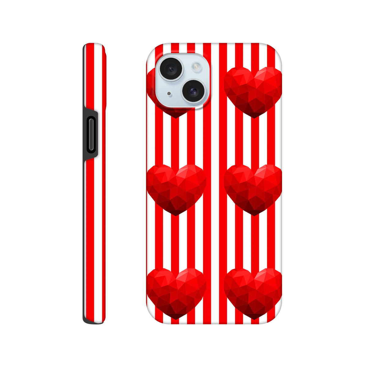 Red white vertical striped iPhone case featuring retro low-poly red hearts. Tough protective cover for iPhone 13-16 series.