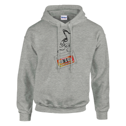 Gray men's pullover hoodie with a colorful retro cassette tape graphic on the chest.