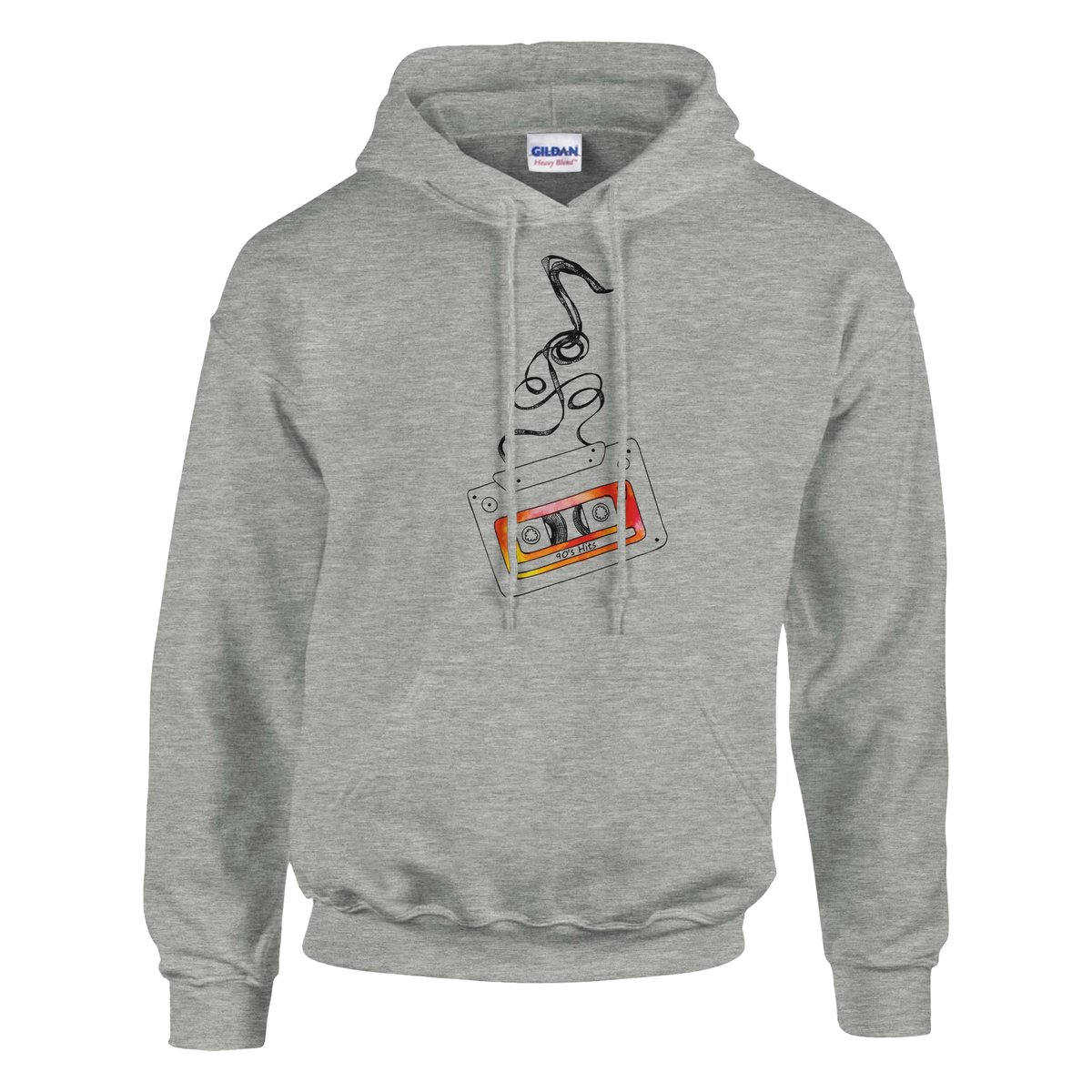 Gray men's pullover hoodie with a colorful retro cassette tape graphic on the chest.