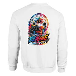White sweatshirt back with colorful RedlinePetrolhead graphic featuring a tachometer, palm trees, and Urban Palm Trees text.