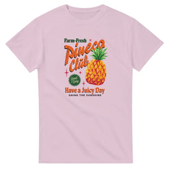 Pink Pineapple graphic women's T-shirt, soft cotton blend, crew neck, short sleeves, bold pineapple art.