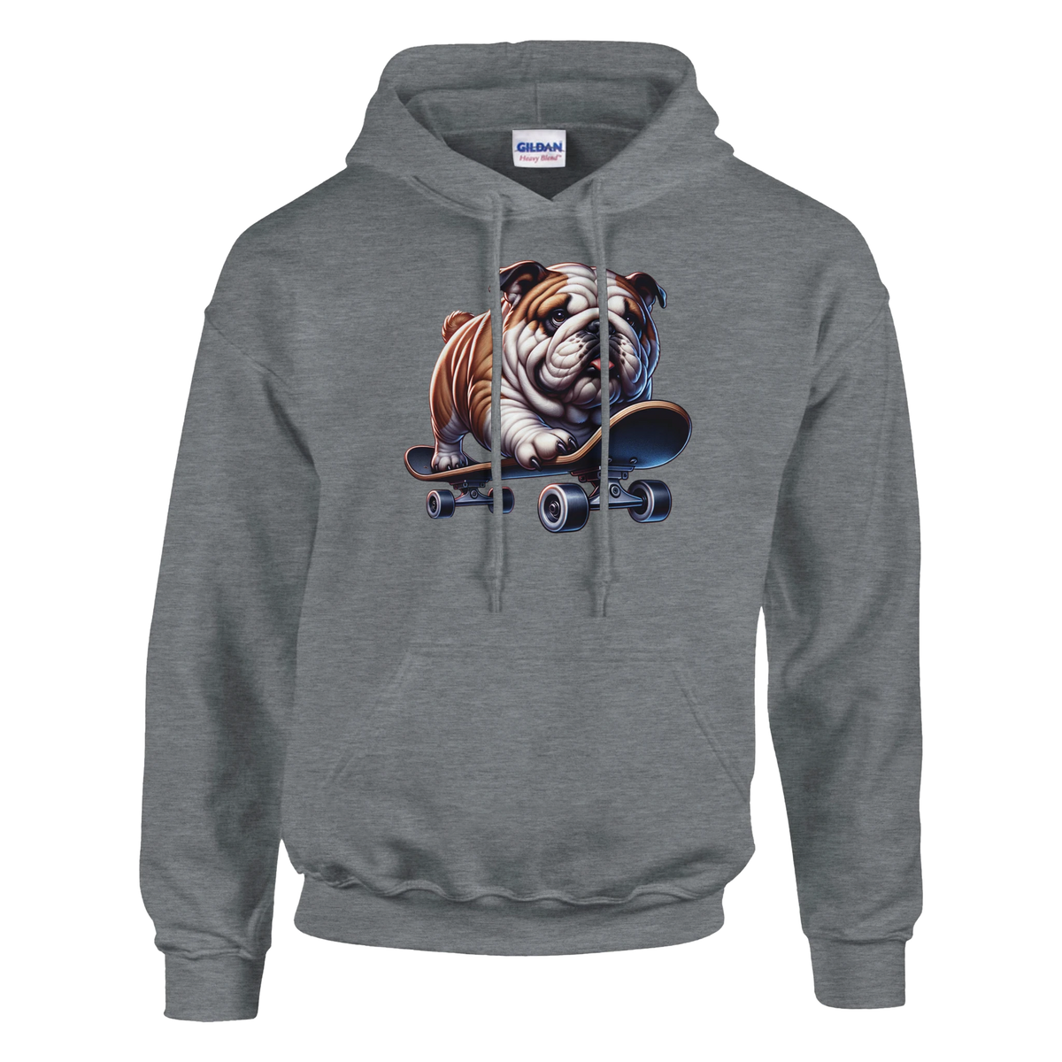 Grey hoodie with bulldog skateboarding graphic on chest; soft 50/50 cotton-poly blend.