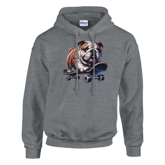 Grey hoodie with bulldog skateboarding graphic on chest; soft 50/50 cotton-poly blend.