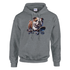Grey hoodie with bulldog skateboarding graphic on chest; soft 50/50 cotton-poly blend.