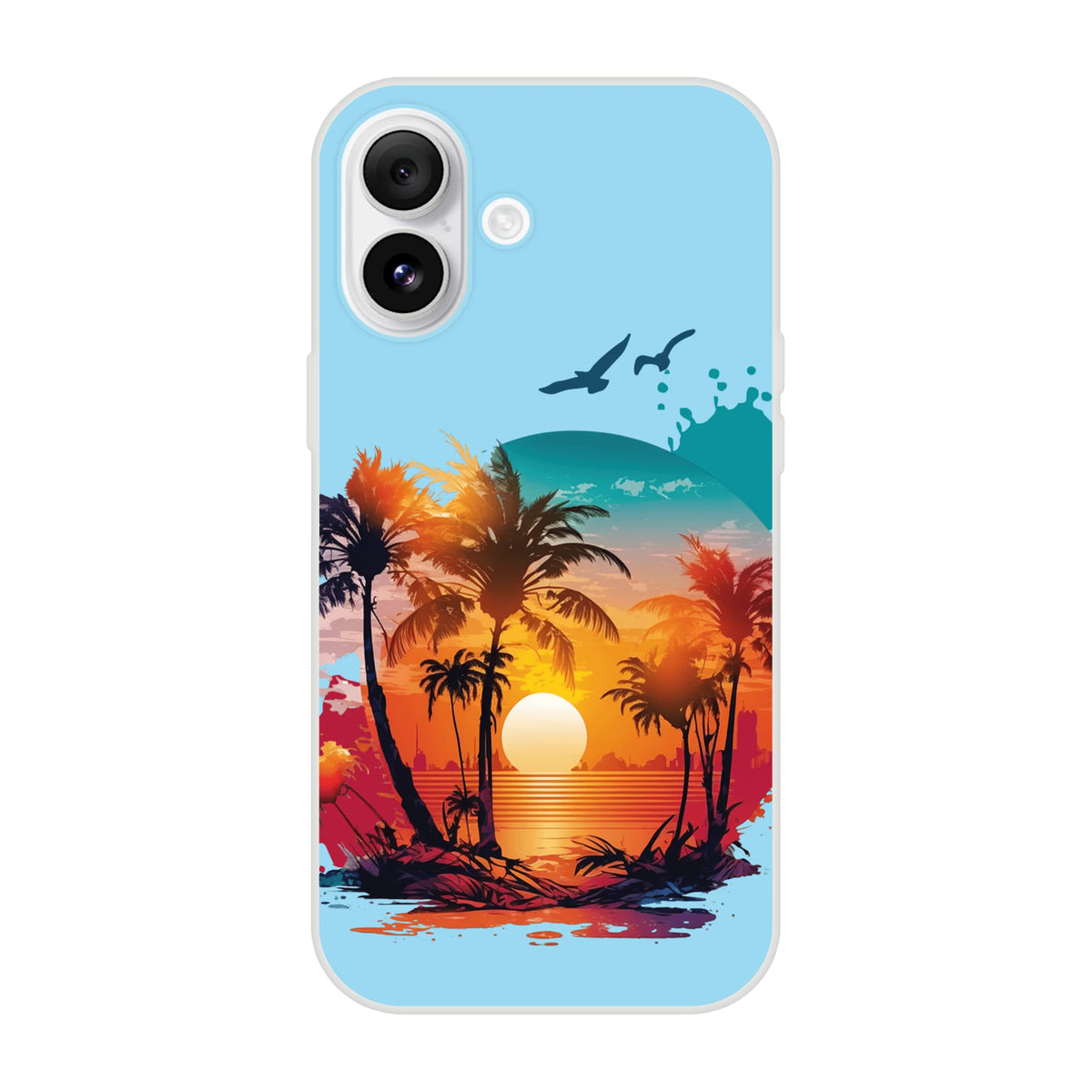Sunset tropical scene on a Cute Sunset iPhone Case (13-16) with Y2K aesthetic, palm trees and ocean hues.