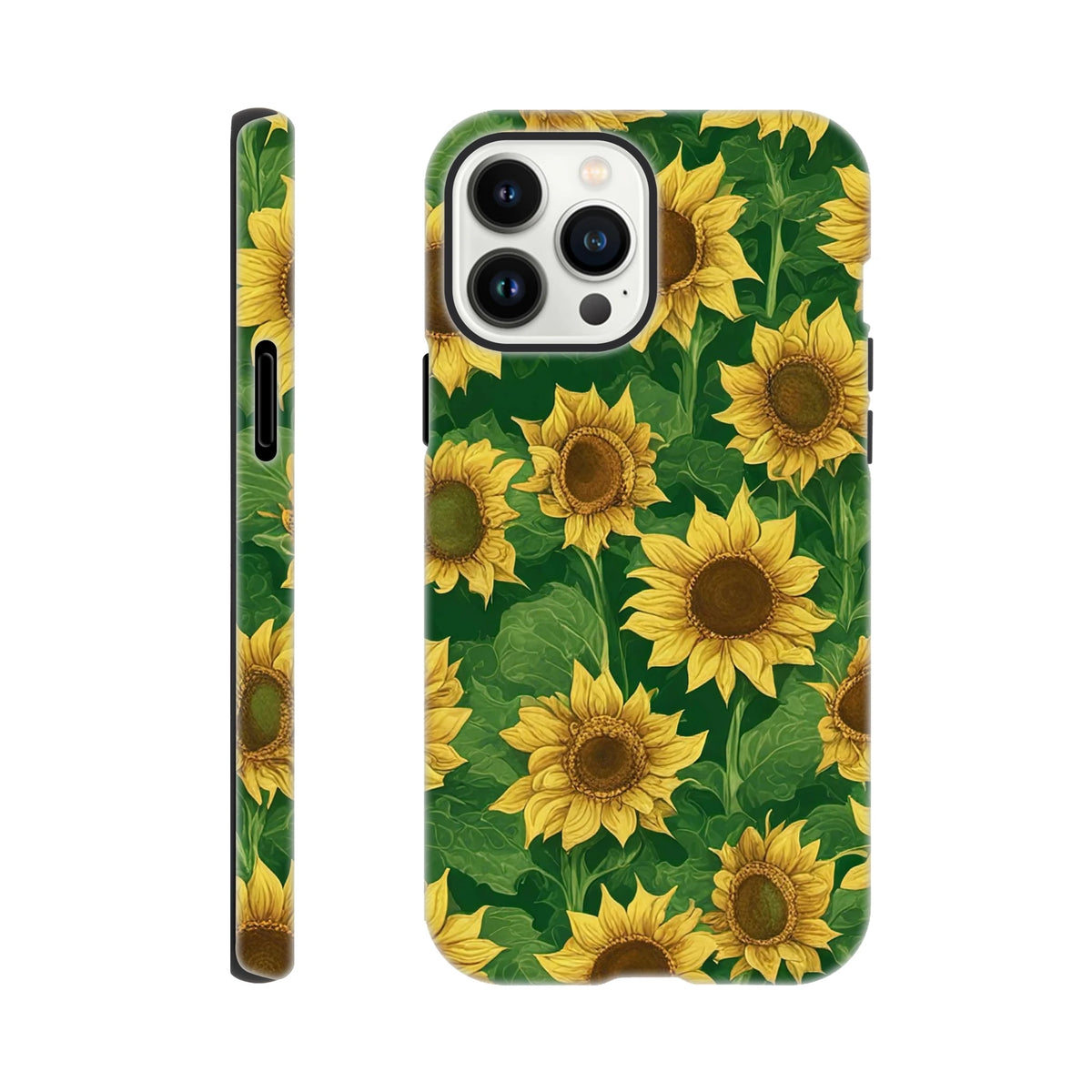 Sunflower tough iPhone case featuring a vibrant floral wraparound print of yellow sunflowers and green leaves for drop protection.
