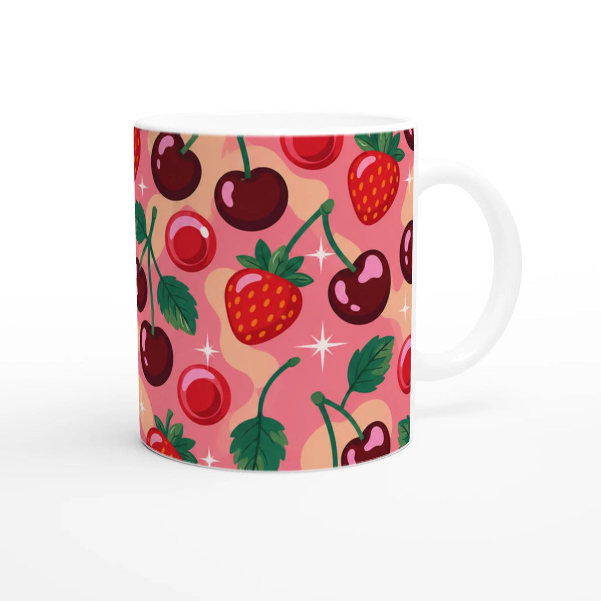 Retro pink ceramic mug featuring a cherry and strawberry pattern with sparkles and green leaves.