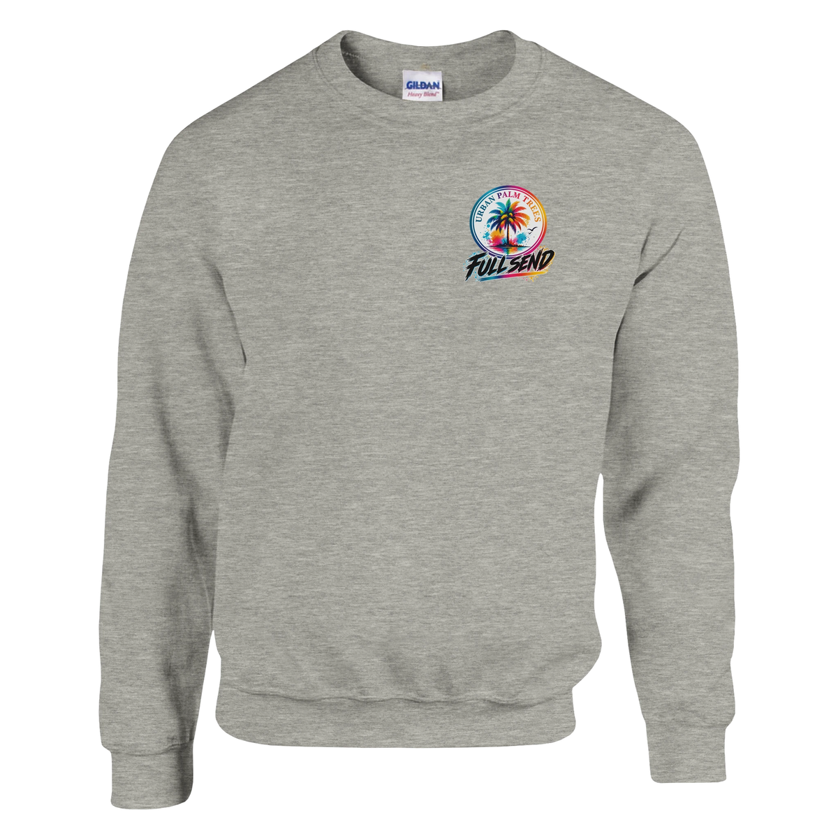 Grey crewneck sweatshirt featuring a colorful urban palm tree logo and Full Send text on the chest.