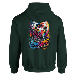 Dark green Low Life Petrolhead hoodie featuring a colorful back graphic with a suspension coil, palm trees, and sunset.