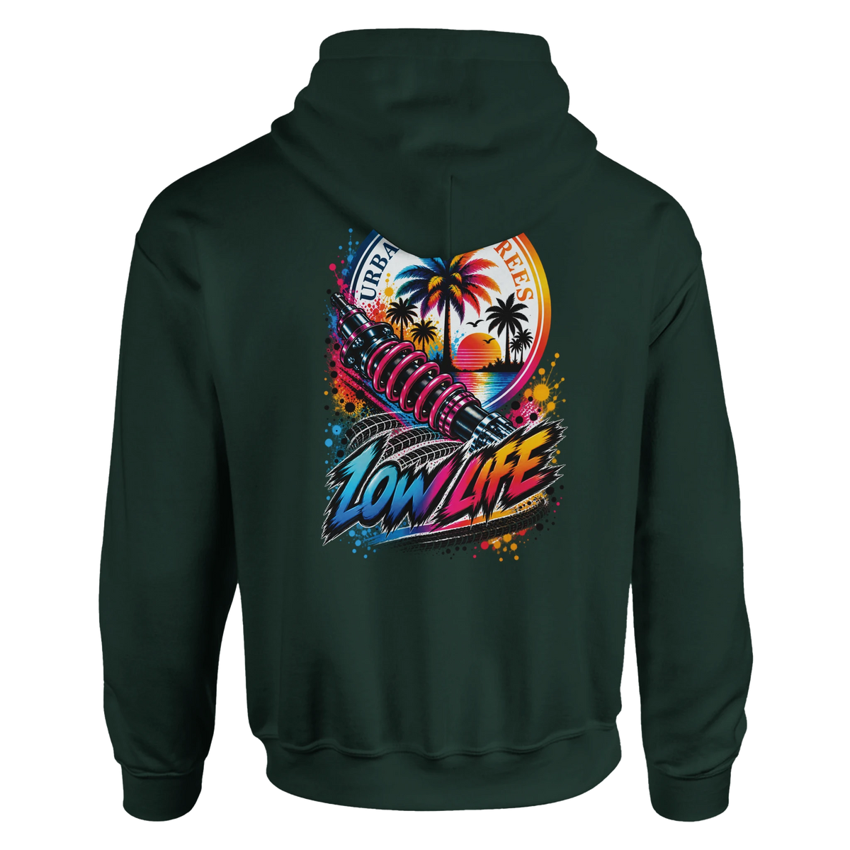 Dark green Low Life Petrolhead hoodie featuring a colorful back graphic with a suspension coil, palm trees, and sunset.