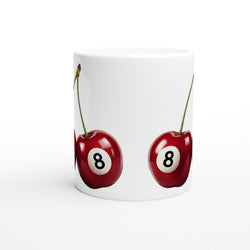 Lucky Cherries mug, white ceramic with vivid red cherry prints around the sides.