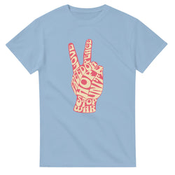 Light blue women's graphic tee featuring a pink word-art peace sign hand design.