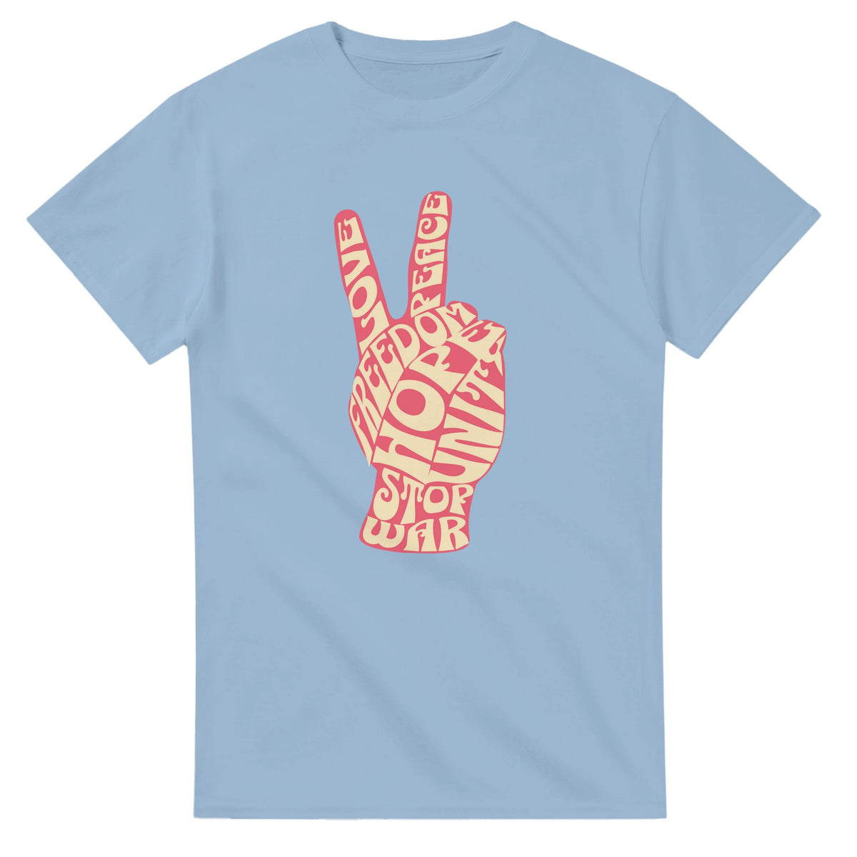 Light blue women's graphic tee featuring a pink word-art peace sign hand design.