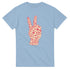 Light blue women's graphic tee featuring a pink word-art peace sign hand design.