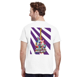 White tee featuring retro electric guitar graphic on back with purple stripes and "Made to Make Noise" text.