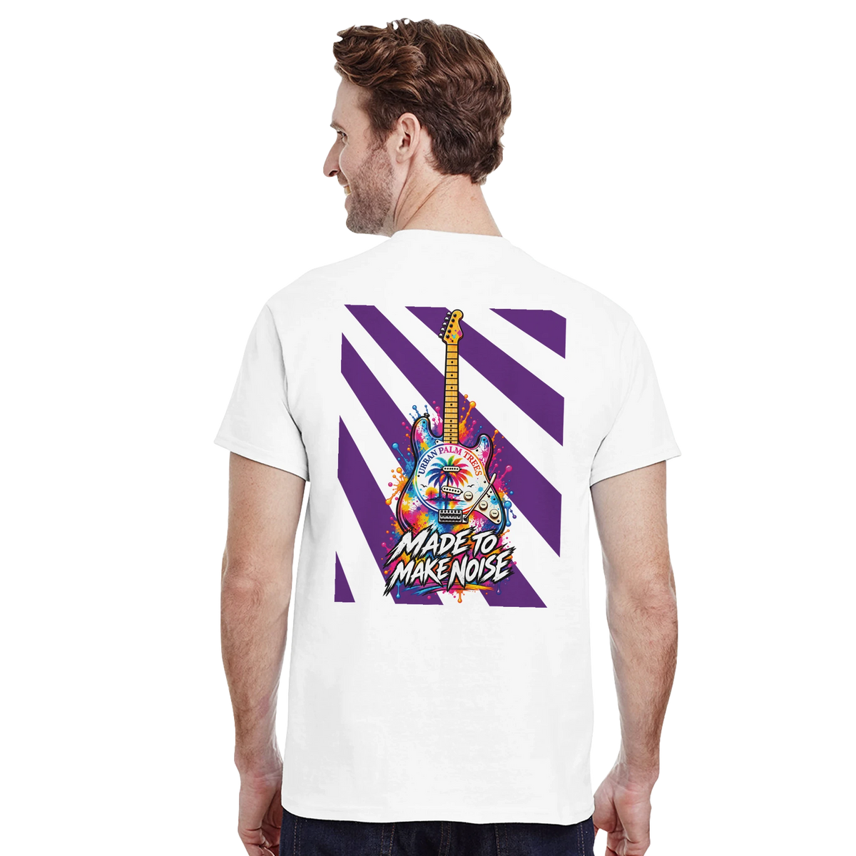 White tee featuring retro electric guitar graphic on back with purple stripes and "Made to Make Noise" text.