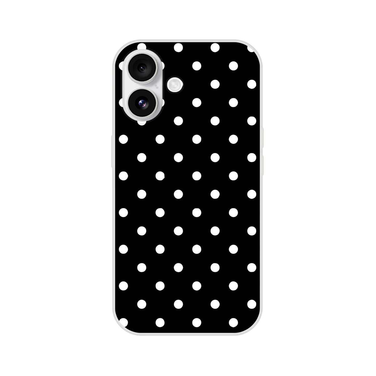 Retro black and white polka dot iPhone case with slim matte TPU protection and wireless charging compatibility.