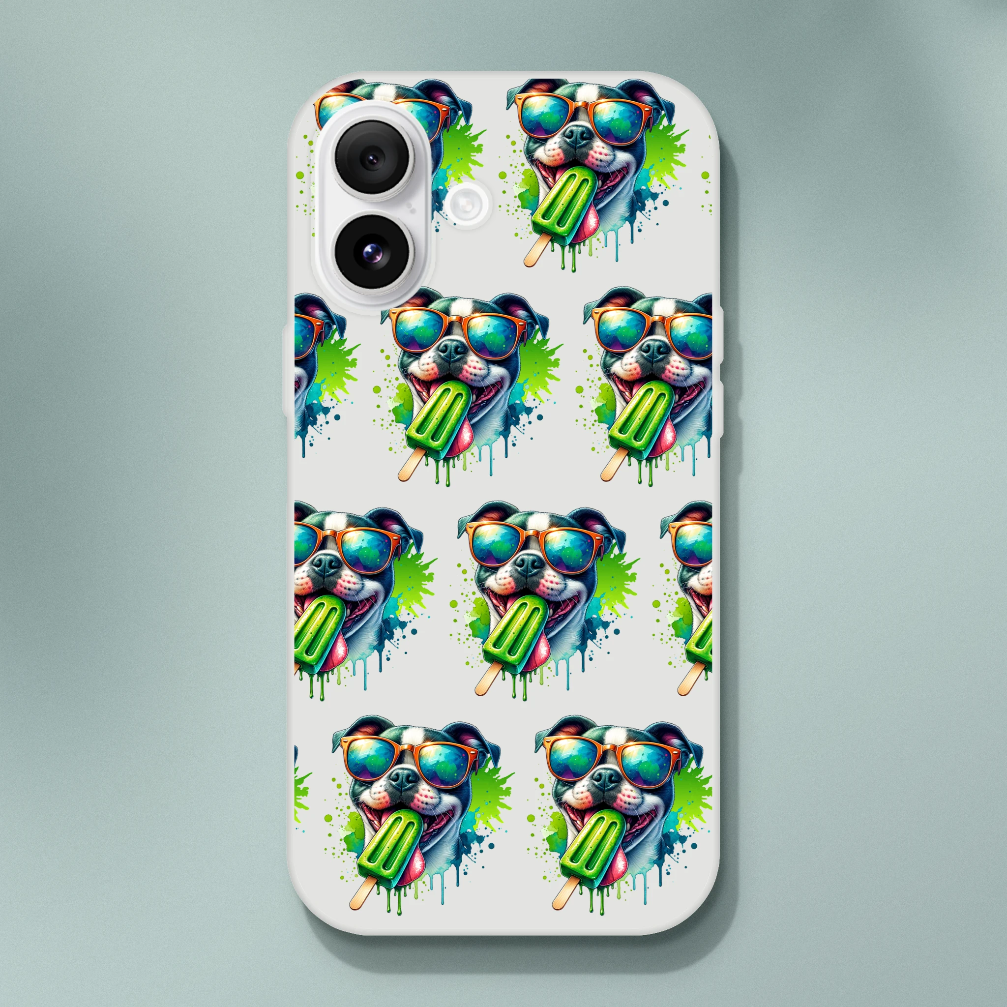 Chill Dog phone case for iPhone 13–16: slim transparent shell with repeating sunglasses-dogs and green popsicles.