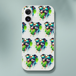 Chill Dog phone case for iPhone 13–16: slim transparent shell with repeating sunglasses-dogs and green popsicles.