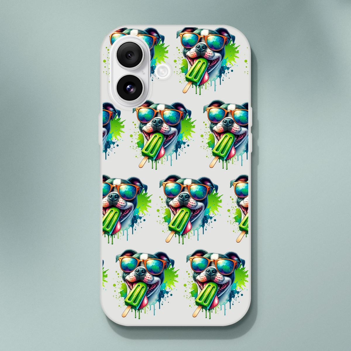 Chill Dog phone case for iPhone 13–16: slim transparent shell with repeating sunglasses-dogs and green popsicles.
