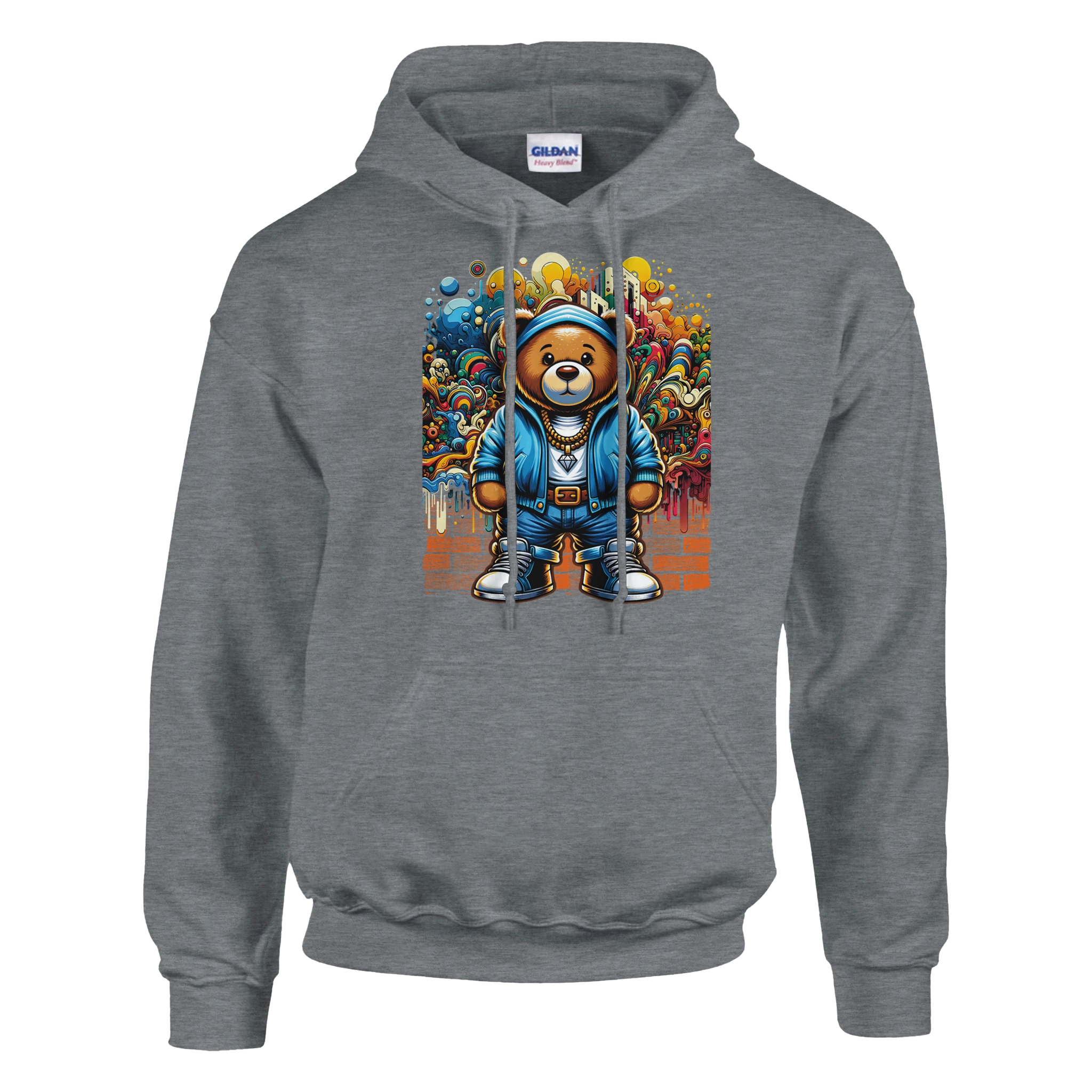 Grey heavy-blend hoodie featuring a colorful urban teddy bear graphic with graffiti and blue hoodie.