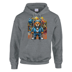Grey heavy-blend hoodie featuring a colorful urban teddy bear graphic with graffiti and blue hoodie.