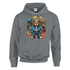 Grey heavy-blend hoodie featuring a colorful urban teddy bear graphic with graffiti and blue hoodie.