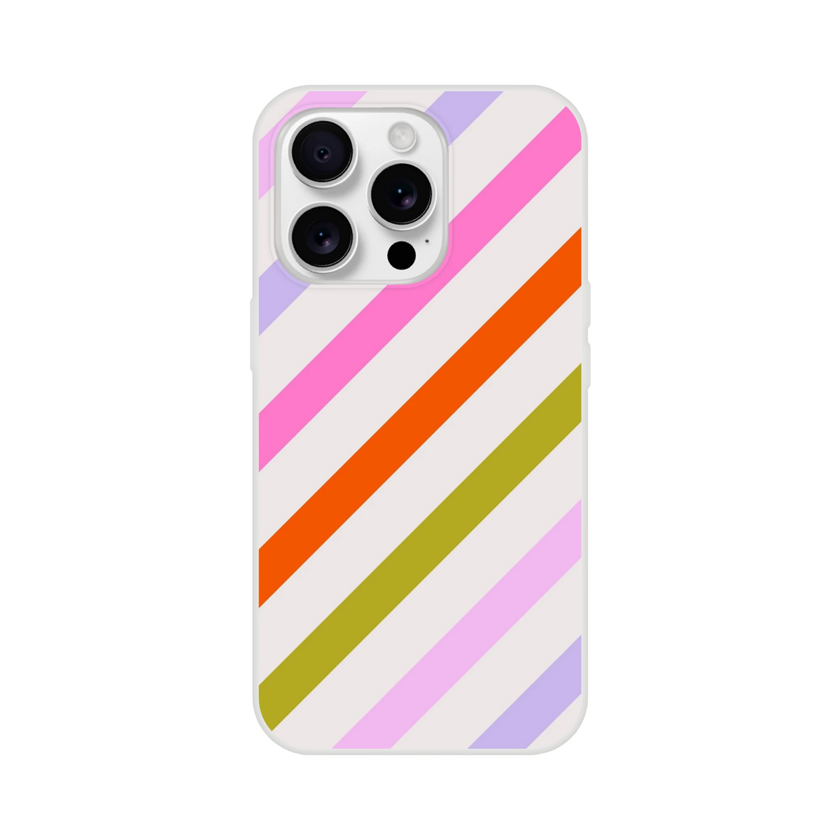 Pastel rainbow diagonal striped iPhone case for iPhone 13-16 with a slim matte finish.