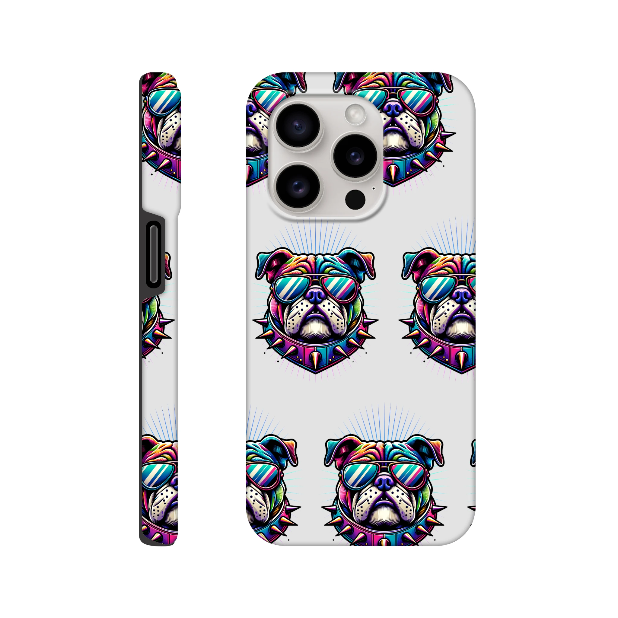 Colorful bulldog head phone case with sunglasses, wraparound print for iPhone 16/15/14/13, rugged dual-layer protection