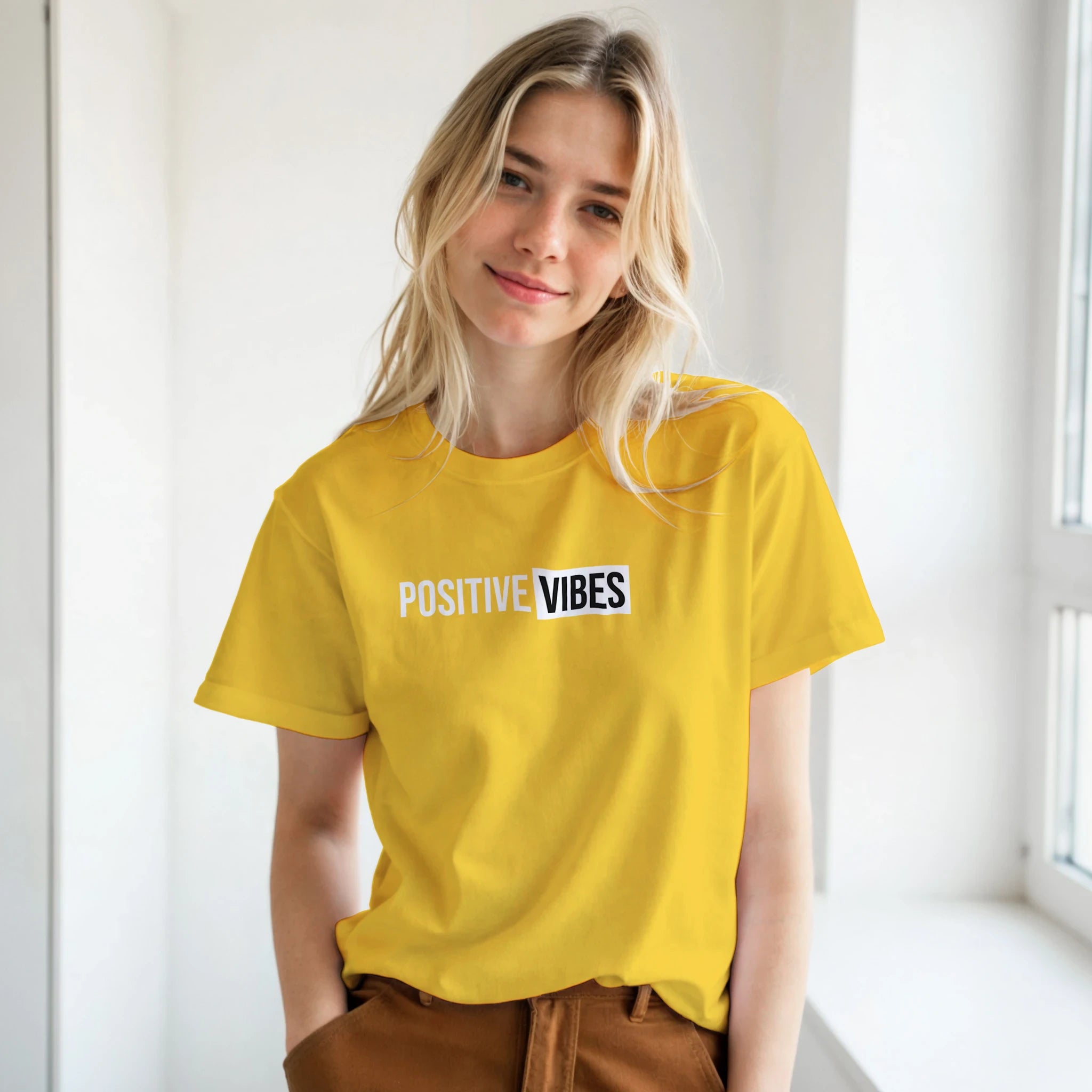 Young woman in a yellow T-shirt with Positive Vibes retro slogan, smiling in a bright hallway.