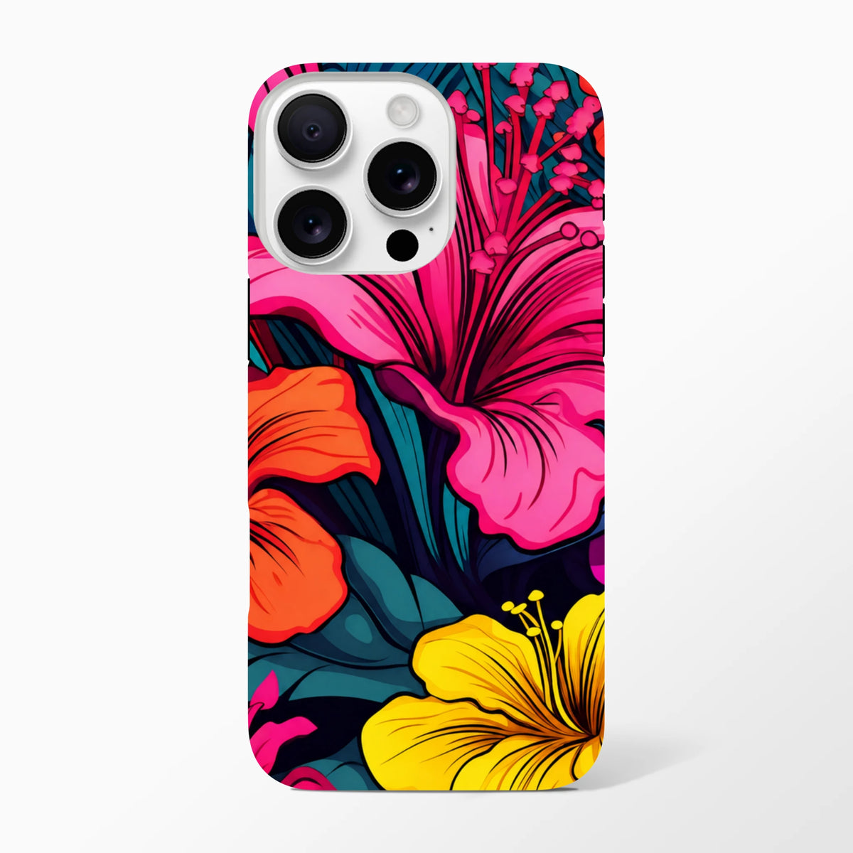 Vibrant tropical hibiscus iPhone case featuring bold pink, orange, and yellow florals against deep teal leaves for durable street style protection.
