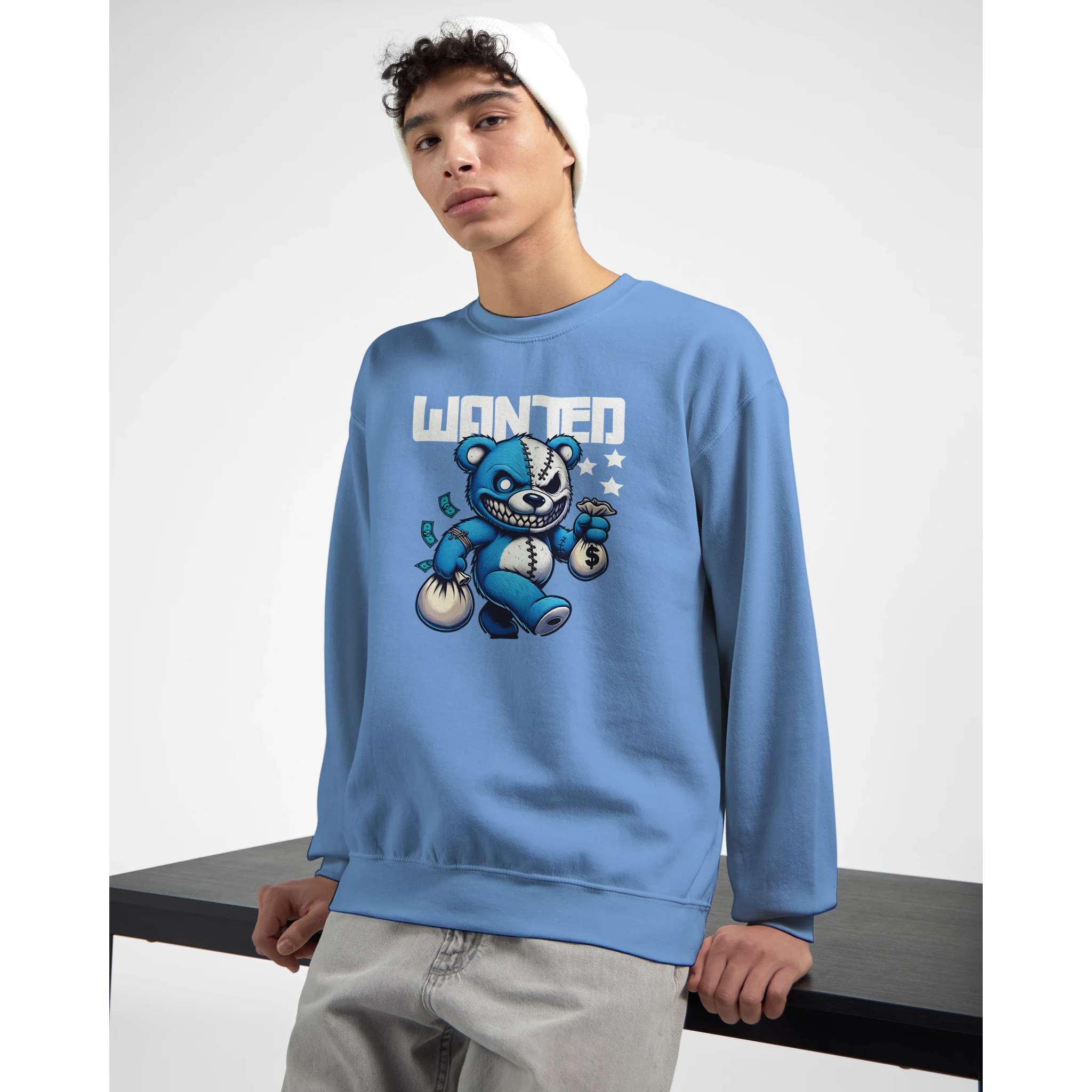 Blue Wanted Teddy Bear men's graphic sweatshirt with bold WANTED bear graphic and money bags.