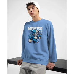 Blue Wanted Teddy Bear men's graphic sweatshirt with bold WANTED bear graphic and money bags.