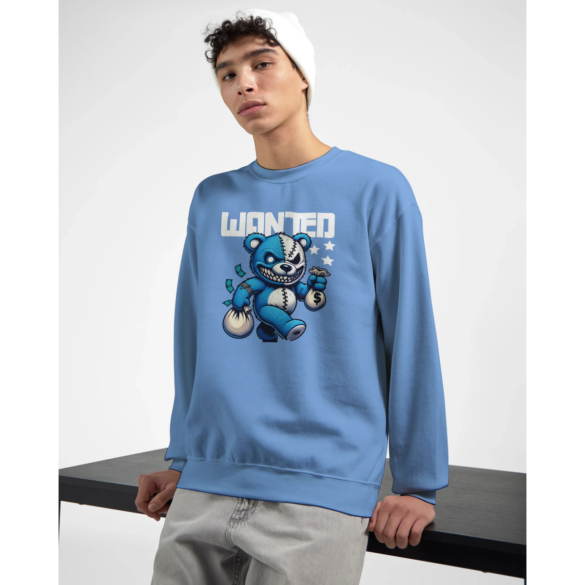 Blue Wanted Teddy Bear men's graphic sweatshirt with bold WANTED bear graphic and money bags.