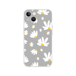 Ditsy Daisy iPhone Case (13-16): gray with white daisies and yellow centers, floral aesthetic.